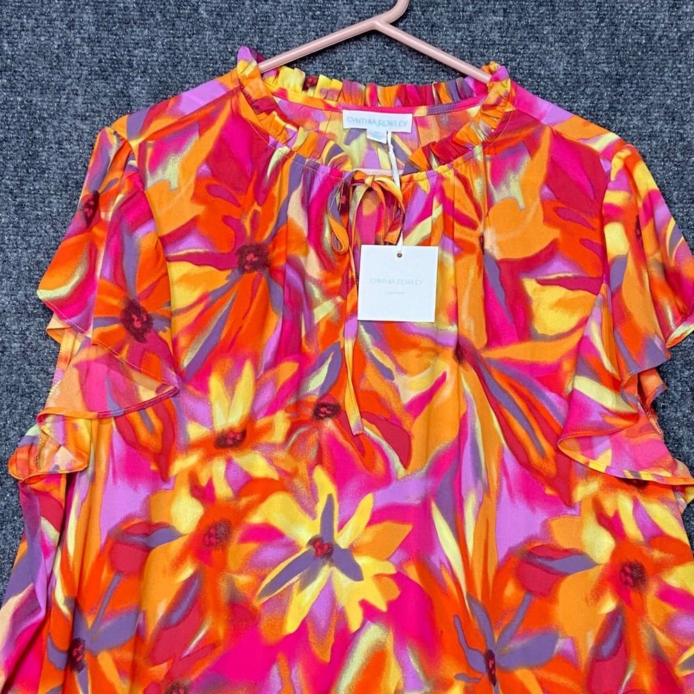 Cynthia Rowley Floral Ruffle‎ Short Sleeve Blouse Top Women's 1X Colorful NWT